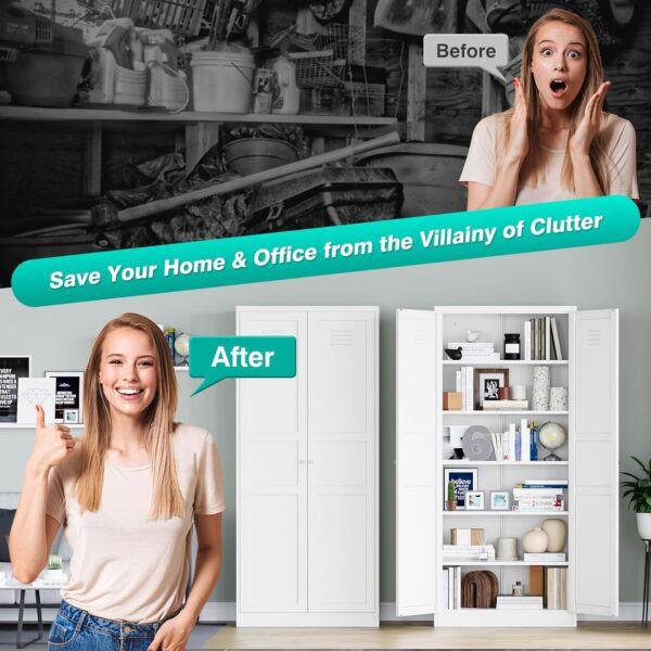 White Metal Storage Cabinet with 2 Doors and 5 Shelves,Pantry Storage Cabinet,Ventilated Tall Large Cupboard Closet,71"H Food Pantry Cabinets for Home,Office,Bathroom,Dining/Living Room (71" H)