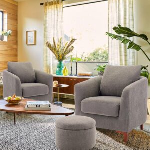 COLAMY Sherpa Accent Chairs with Storage Ottoman Set of 2, Upholstered Barrel Arm Chair with Footrest, Modern Living Room Chair with Back Pillow, Grey