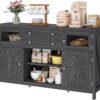 YITAHOME 59" Sideboard Cabinet, Farmhouse Buffet Cabinet with Storage, Kitchen Cabinet with 2 Large Drawers & Visual Grid Door, Coffee Bar Cabinet with Barn Door for Living Room, Dark Grey