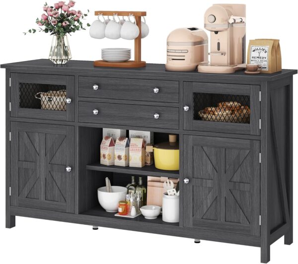 YITAHOME 59" Sideboard Cabinet, Farmhouse Buffet Cabinet with Storage, Kitchen Cabinet with 2 Large Drawers & Visual Grid Door, Coffee Bar Cabinet with Barn Door for Living Room, Dark Grey