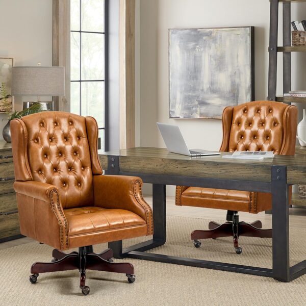 ECOTOUGE Tufted Office Chair, Faux Leather Executive Desk Chair w/High Back & Nail Head Trim, Ergonomic Wingback PC Chair for Home, Office and Living Room, Brown