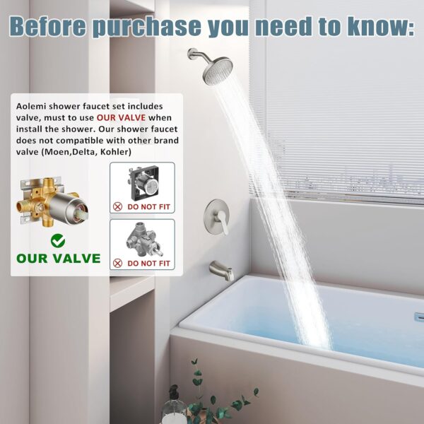 Aolemi Tub Shower Faucet Set With Valve Wall Mount Shower Trim Kit 6 Inch Bathtub Fixtures Rough-in Valve Single-Spray Shower Head System 5.3 Inch Tub Spout Brushed Nickel Modern