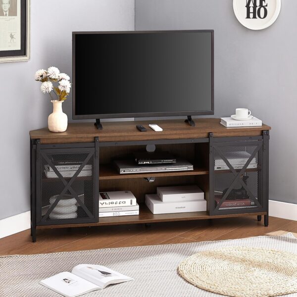 81EIamPdrL._AC_SL1500_.jpg HOMISSUE Corner TV Stand for 55 Inch TV, Rustic Corner Entertainment Center with Storage, Industrial Media Console Table with Sliding Barn Door, Entertainment Center for Living Room, Brown