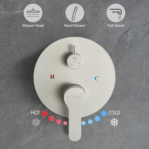 DASAN Tub Shower Faucets Sets Complete Bathtub Faucet Set Brushed Nickel Bathtub Shower System with Tub Spout, Bathroom Tub and Shower Faucet Combo Trim Kit with Rough-in Valve, DA-SS03BN-R10W
