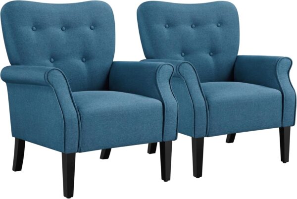 Yaheetech Modern Armchair, Mid Century Accent Chair with Sturdy Wood Legs and High Back for Small Space, Upholstered Fabric Sofa Club Chair for Living Room/Bedroom/Office, Set of 2, Navy Blue