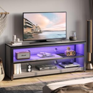 Bestier Gaming Entertainment Center for 50/55/60 Inch TVs, LED TV Stand Cabinet with Adjustable Shelves, Wood Industrial TV Media Console Table with Metal Frame for Living Room Bedroom, Gray