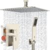 SR SUN RISE Brass 10 Inches Ceiling Mounted Shower System Brushed Nickel Bathroom Luxury Rain Mixer Shower Combo Set Ceiling Install Rainfall Shower Head System