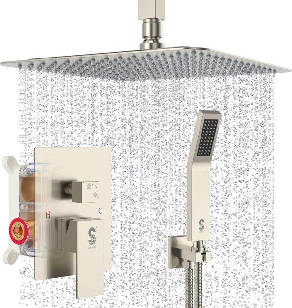 SR SUN RISE Brass 10 Inches Ceiling Mounted Shower System Brushed Nickel Bathroom Luxury Rain Mixer Shower Combo Set Ceiling Install Rainfall Shower Head System