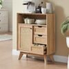 OKD Natural Rattan Small Bathroom Floor Cabinet, Mid Century Modern Storage Cabinet with Sliding Door & 3 Storage Drawers, Boho Freestanding Cabinet for Bathroom, Kitchen, Dining Room