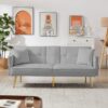 Modern Velvet Upholstered Convertible Folding Futon Sofa Bed Adjustable Recliner Lounge Loveseat Couch Sofacama with Golden Metal Legs, 2 Cup Holders ,Throw Pillows for Living Room Apartment Office
