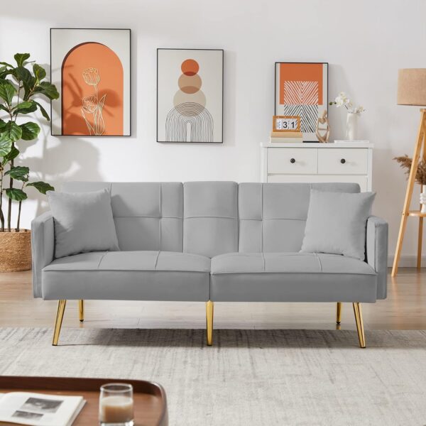 Modern Velvet Upholstered Convertible Folding Futon Sofa Bed Adjustable Recliner Lounge Loveseat Couch Sofacama with Golden Metal Legs, 2 Cup Holders ,Throw Pillows for Living Room Apartment Office