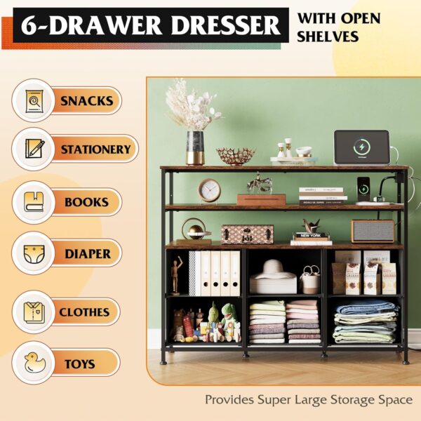 WLIVE Led Dresser TV Stand for Bedroom, Entertainment Center with LED Lights and Power Outlet, 6 Drawer Dressers with Double Open Shelves, Rustic Brown TV Stands