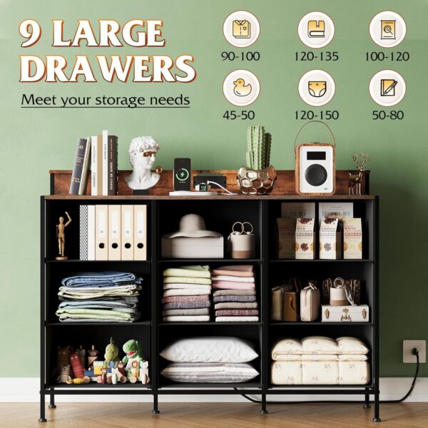 WLive TV Stand for 55 inch, White LED Dresser with Charging Station, 9 Drawer Chest of Drawers for Bedroom & Living Room