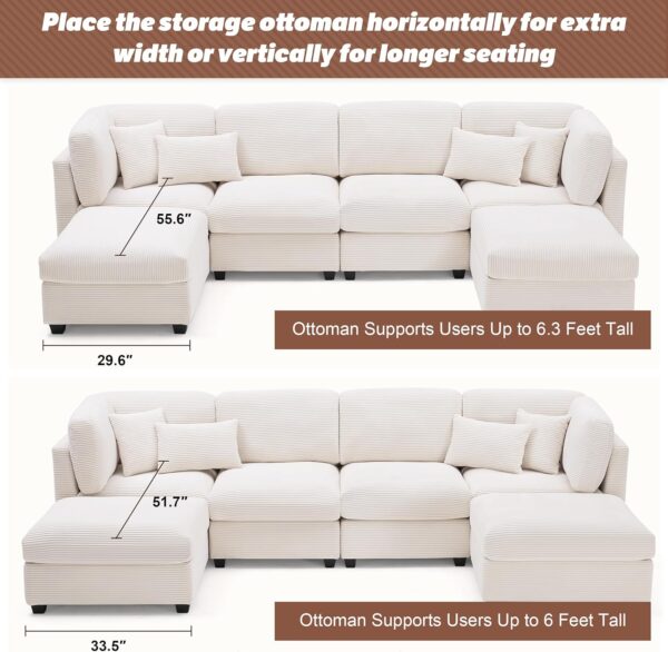 125 Inch Oversized Corduroy Modular Sectional Sofa, U Shaped Modular Couch with Storage, 6 Seat Convertible Corduroy Couch, Comfy Sectional Couches for Living Room with Memory Foam, Beige