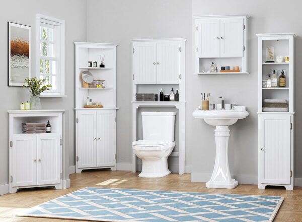 UTEX Bathroom Storage Over The Toilet, Cabinet Organizer with Adjustable Shelves and Double Doors, Wood Space Saver, White