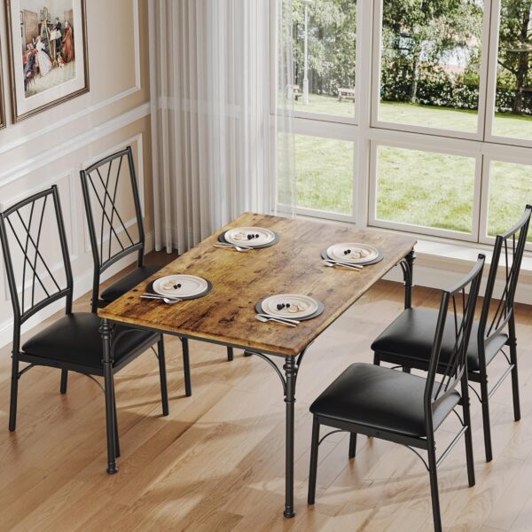 Dining Table Set for 4, Kitchen Table and Chairs, 5-Piece Metal and Wood Indoor Modern Rectangular Dining Table Furniture Set for Kitchen, Dining Room, Dinette, Breakfast Nook w/ 4 Chairs