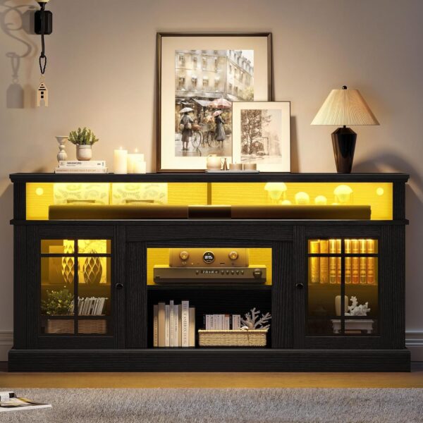 YITAHOME Black TV Stand for 75 Inch TV, LED Modern Entertainment Center with Adjustable Shelves and Glass Doors, 32'' Tall Television Stands TV Media Console Table for Living Room, Black