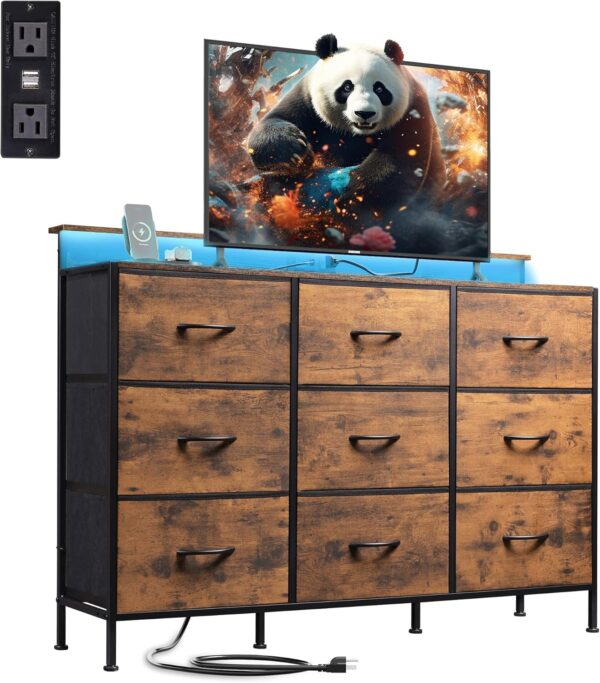 WLive TV Stand for 55 inch, White LED Dresser with Charging Station, 9 Drawer Chest of Drawers for Bedroom & Living Room