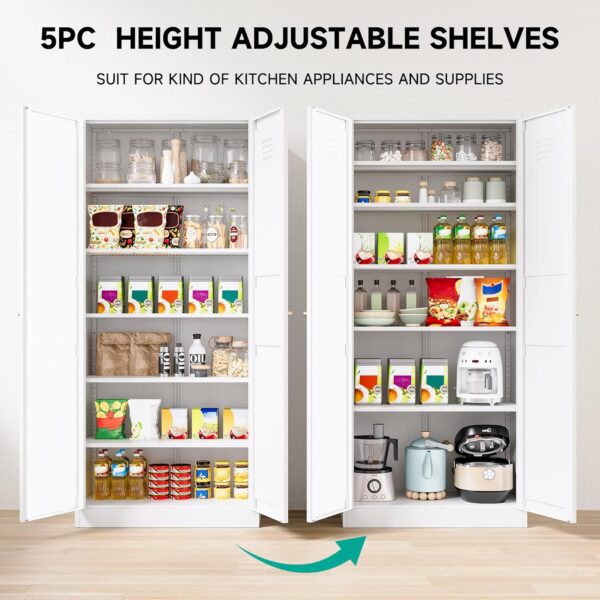 White Metal Storage Cabinet with 2 Doors and 5 Shelves,Pantry Storage Cabinet,Ventilated Tall Large Cupboard Closet,71"H Food Pantry Cabinets for Home,Office,Bathroom,Dining/Living Room (71" H)