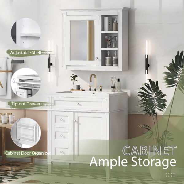 Linique 30" Bathroom Vanity with Mirror Cabinet Combo Set, Modern Bathroom Storage Cabinet with Ceramic Sink, 2 Drawers and a Tip-Out Drawer, Wall-Mounted Medicine Cabinet for Bathroom, White