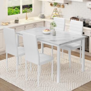 Recaceik 5 Piece Dining Table Set,Small Dining Table Set for 4, Faux Marble Dinner Table Set with 4 Upholstered PU Leather Chairs, Dining Room Table Set for Kitchen and Dining (White & White)