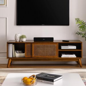 59 Inch Mid Century Modern TV Stand with Rattan Cabinet Doors, Entertainment Center Media Console for 65 Inch TVs, Living Room/Bedroom TV Stand, Light Wood