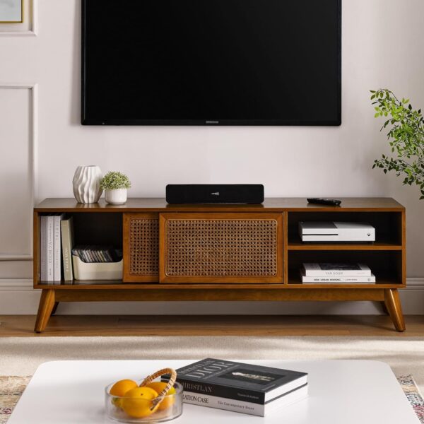 59 Inch Mid Century Modern TV Stand with Rattan Cabinet Doors, Entertainment Center Media Console for 65 Inch TVs, Living Room/Bedroom TV Stand, Light Wood