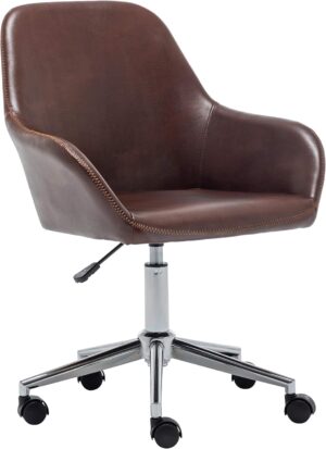 BTEXPERT Mid Back Home Computer Desk Chair, Office Task Chair with Wheels, Swivel Height Adjustable Faux Leather Chair, White Comfy Leather Desk Chair, Brown (5176)