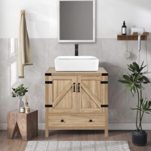28" Natural Color Bathroom Vanity, Modern Fixture Standing Pedestal Cabinet with White Ceramic Sink