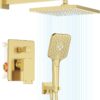Gabrylly Shower System Gold, Pressure Balance Shower Faucet Set with High Pressure 10" Rain Head and 3-Setting Handheld Spray, 2 Way Valve Kit, Brushed Gold