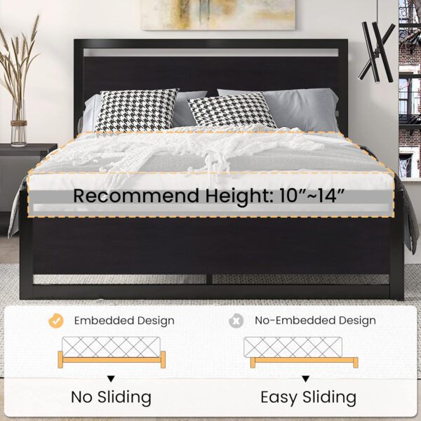 SHA CERLIN Queen Size Bed Frame with Modern Headboard, Heavy Duty Platform Metal Base with Square Footboard and 13 Strong Slats Support, No Box Spring Needed, Black