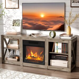 VINGLI Farmhouse Fireplace TV Stand with Adjustable Shelves, Entertainment Center with Electric Fireplace for 45/50/55/60/65/70 inch TVs, TV Media Console Table for Living Room, Gray Oak
