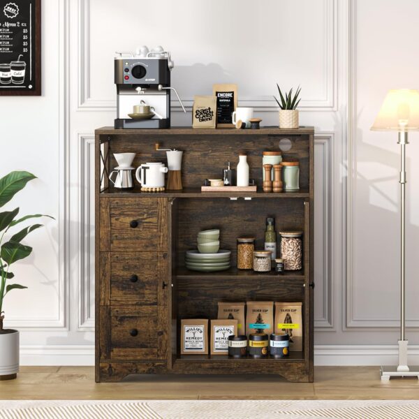 Yoobure Storage Cabinet with Doors and Shelves, LED Coffee Bar Cabinet with Power Outlet, Farmhouse Kitchen Buffet Cabinet with Drawers Accent Pantry Cabinet Sideboard for Living Room Entryway