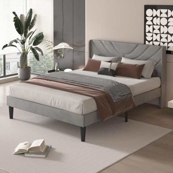 VECELO Upholstered Platform Queen Bed Frame with Fabric Headboard,Wooden Slats Support/No Box Spring Needed/Mattress Foundation,Dark Grey