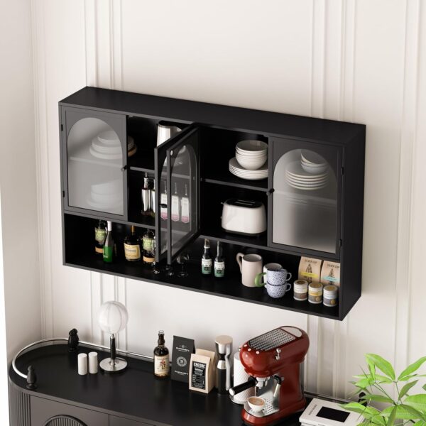 Metal Wall Cabinet with 4 Semi-Arch Glass Doors, 47.25" Wide Wall Mounted Storage Cabinet with Open Shelf, Modern Medicine Cabinet for Kitchen Bathroom Living Room, Black