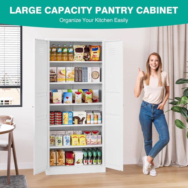 White Metal Storage Cabinet with 2 Doors and 5 Shelves,Pantry Storage Cabinet,Ventilated Tall Large Cupboard Closet,71"H Food Pantry Cabinets for Home,Office,Bathroom,Dining/Living Room (71" H)