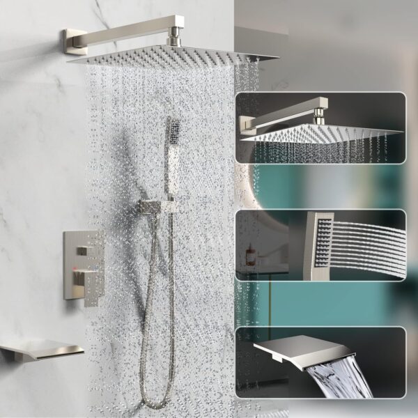 Shower System Rain Shower Faucet Set with Tub Spout,10 inch Bathroom Wall Mounted Waterfall Bathtub Faucet with Handheld Spray and Rough-in Valve Body and Trim kit,Brushed Nickel