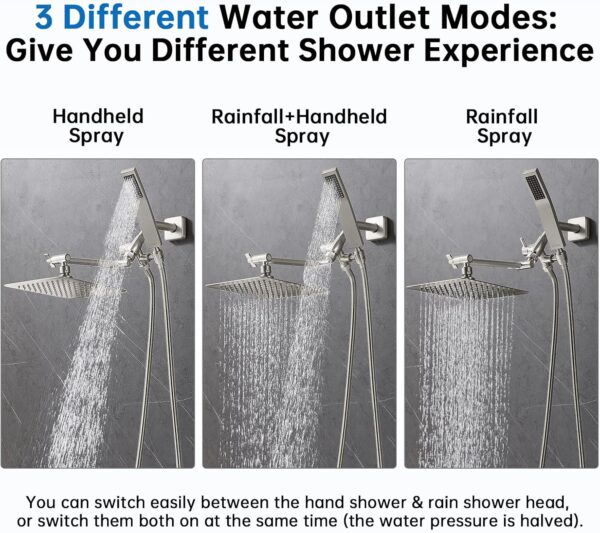 81N2IwlaV3L._AC_SL1500_.jpg G-Promise All Metal 10" Dual Square Shower Head Combo | Rain Shower Head | Handheld Shower Wand | Adjustable | 3-Way Diverter | 71" Extra Long Hose - A Bathroom Upgrade(Brushed Nickel)