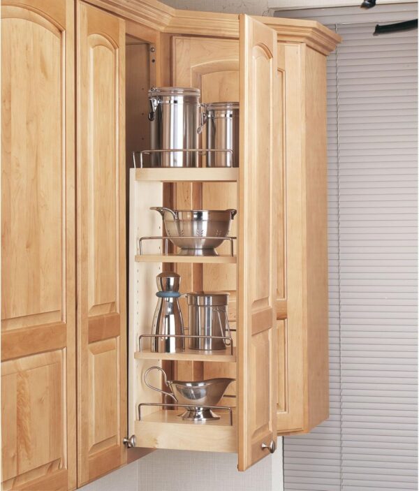 Rev-A-Shelf 8" Pullout Storage Organizer for Wall Kitchen Cabinets, Sliding Adjustable Shelves for Spice Rack or Cans, Wood and Chrome, 448-WC-8C