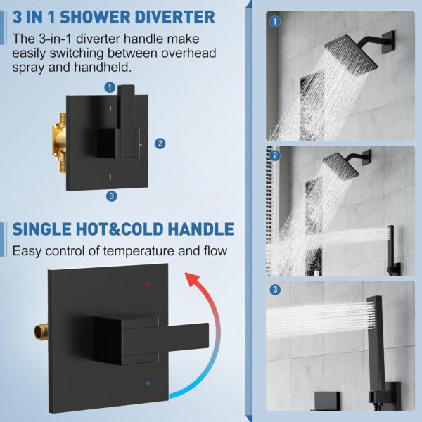 ESNBIA Bathtub Shower System with Tub Spout, Black Shower Faucet Set with 6" Rain Shower Heads, High Pressure Shower Head Set, Wall Mount Shower Fixtures with 3-Way Shower Diverter, Matte Black