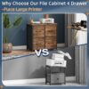 4 Drawer Lateral File Cabinet, Filing Cabinet for Home Office, Functional Fabric Office Storage Cabinet, Cloth File Drawer Fits A4/Letter Size, Printer Stand, Rustic Brown