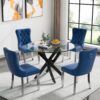 Round Glass Dining Table Set for 4, Small Glass Kitchen Table and Chairs Set of 4, 35" Round Dining Table with with Navy Blue Velvet Chairs,5 Piece Dining Table Set for Breakfast Dinette Cafe Office