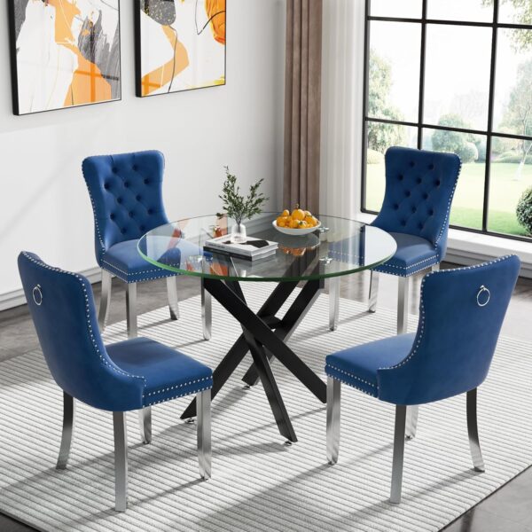 Round Glass Dining Table Set for 4, Small Glass Kitchen Table and Chairs Set of 4, 35" Round Dining Table with with Navy Blue Velvet Chairs,5 Piece Dining Table Set for Breakfast Dinette Cafe Office