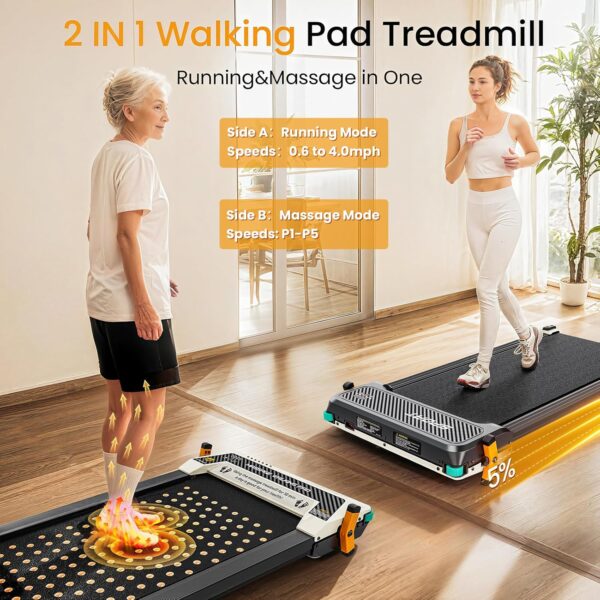 2 Side Walking Pad with Incline Massage Function, 2 in 1 Under Desk Walking Pad and Foot Massager Treadmills for Home/Office, Portable Treadmill with Remote Control LED Display