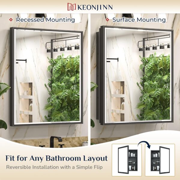 Keonjinn 17" x 25" Black Medicine Cabinet for Bathroom, Recessed or Surface Wall-Mounted Aluminum Alloy Framed Beveled Mirror with Storage, Mirrored Cabinets with 2 Adjustable Shelves for Bath Modern