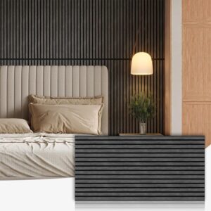 Wood Slat Acoustic Panels for Wall and Ceiling, 3D Fluted Wood Veneer Paneling, 47.3" x 23.6" Each Soundpoof Wooden Slat Wall Panel - Black Oak, 4 Pack