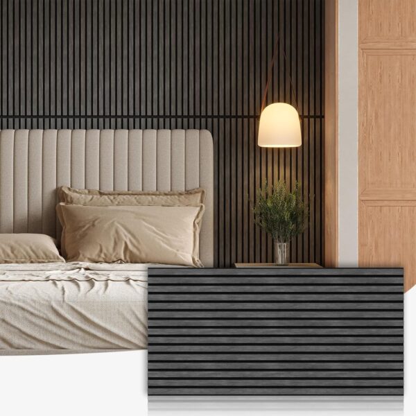 Wood Slat Acoustic Panels for Wall and Ceiling, 3D Fluted Wood Veneer Paneling, 47.3" x 23.6" Each Soundpoof Wooden Slat Wall Panel - Black Oak, 4 Pack
