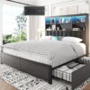 Lifezone Queen Bed Frame with Headboard, Queen Bed Frame with High Storage Bookcase Headboard,4 Storage Drawers & Charging Station & LED,No Box Spring Needed/Noise Free/All-Metal Support,Rustic Grey