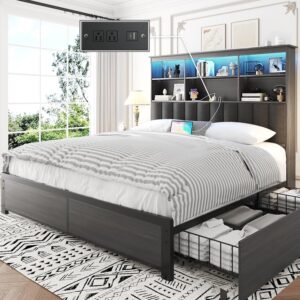 Lifezone Queen Bed Frame with Headboard, Queen Bed Frame with High Storage Bookcase Headboard,4 Storage Drawers & Charging Station & LED,No Box Spring Needed/Noise Free/All-Metal Support,Rustic Grey