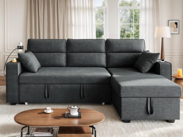 YITAHOME 85" Sleeper Sofa, Convertible Sofa Bed Couch with Pullout Bed for Living Room, L-Shaped Sectional Sofa with Cup Holder Phone Holder USB Ports, 2 Pillows and Side Pocket, Dark Grey